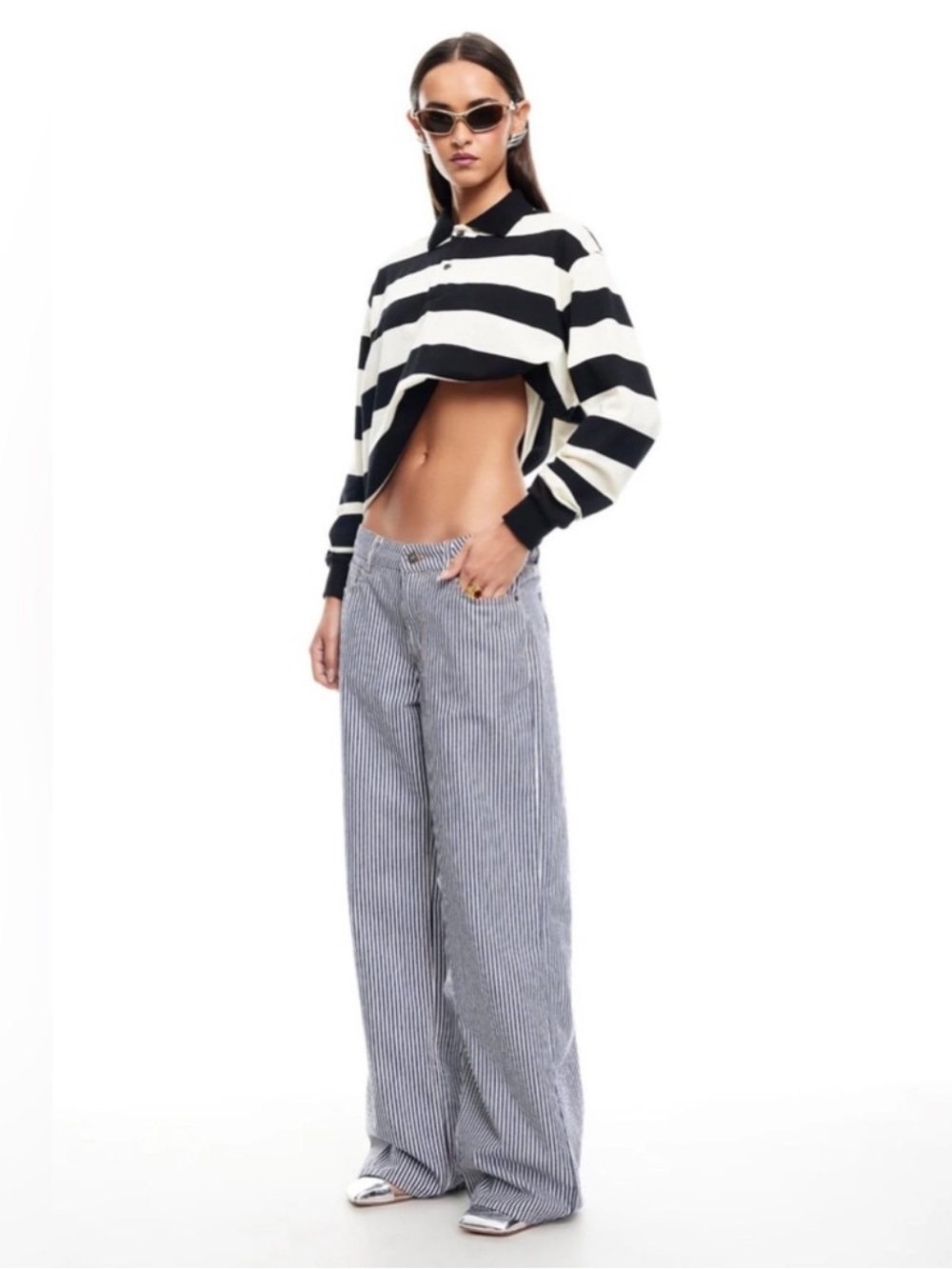 LIONESS lightweight blue/white stripe Eivissa wide leg , long jeans